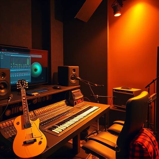 A music production studio with mixing consoles and instruments, representing music production.