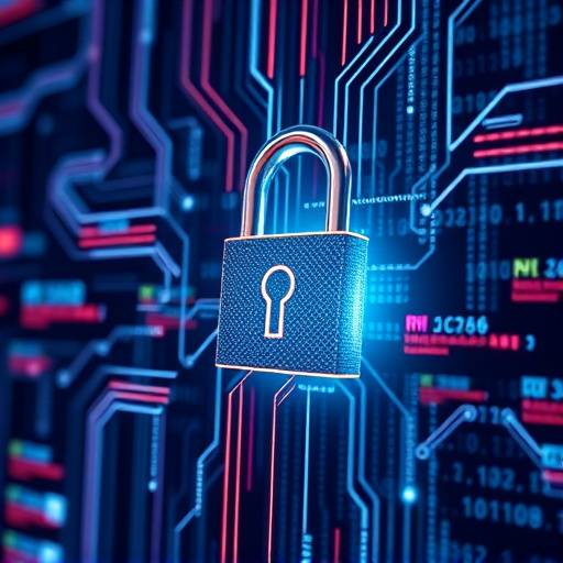 A padlock with digital code flowing around it, representing cybersecurity.