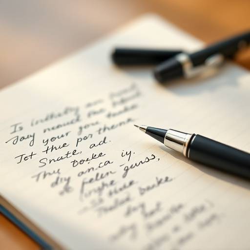 A pen and notebook with handwritten notes, representing creative writing.