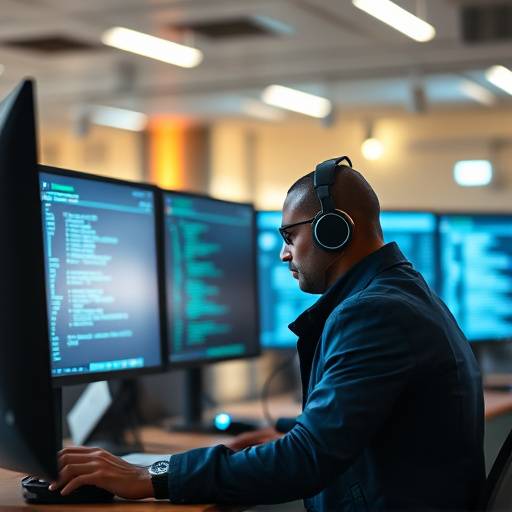 Image of a cybersecurity professional working in front of multiple monitors displaying complex code and security data, highlighting the demand in the field.