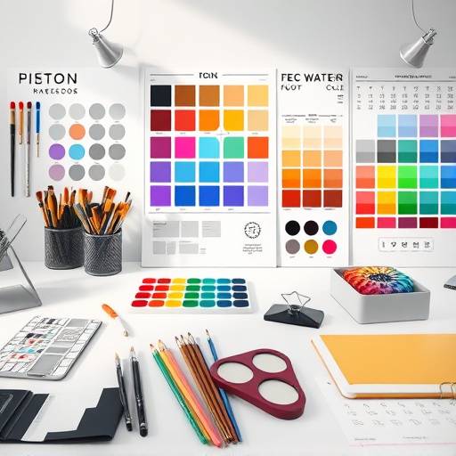 Image of graphic design tools, brushes and color swatches.