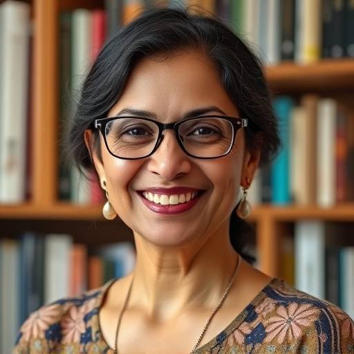 Portrait of Dr. Anya Sharma, a smiling woman with glasses, against a background of bookshelves.