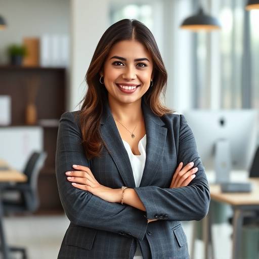 Portrait of Isabella Rodriguez, a woman smiling confidently with her arms crossed, in a creative office environment.