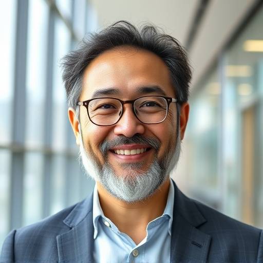 Portrait of Professor Kenji Tanaka, a smiling man with a beard, standing in front of a modern office building.